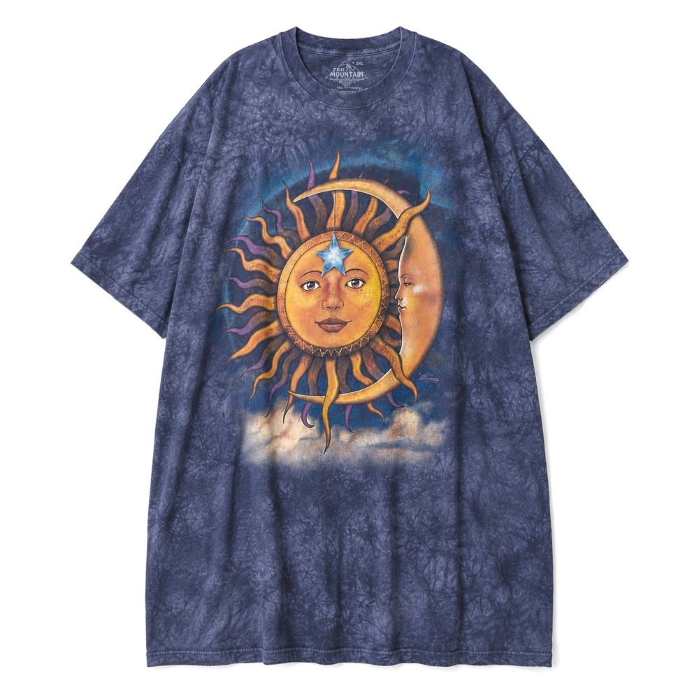 The Mountain Sun Moon Star Graphic T-Shirt Mens 2XL Blue Tie Dye Celestial 90s